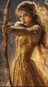 a painting of a woman in a gold dress holding a bow and arrow
