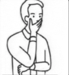 a black and white drawing of a man with his hand on his face .