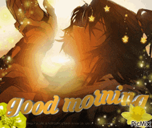 a picture of a man with the words good morning written on it