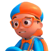 a close up of a cartoon character wearing glasses and a blue and orange hat