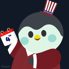 a penguin wearing an uncle sam hat is holding a 4th of july calendar