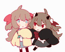 a drawing of a girl with horns holding another girl in her arms