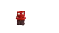 a red cartoon character is standing in front of a white background and making a funny face .
