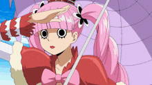 a girl with pink hair is holding an umbrella and covering her eyes with her hand
