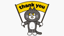 a cartoon cat is holding a yellow thank you sign