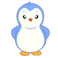 a blue and white penguin with a sad look on his face