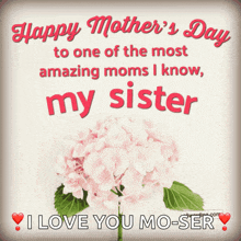 a mother 's day card with flowers and the words " happy mother 's day to one of the most amazing moms i know my sister "