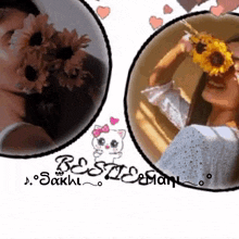 a picture of a woman with flowers in her hair and the name sakhi on the bottom right