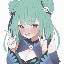 a drawing of a girl with green hair and a skull in her hair