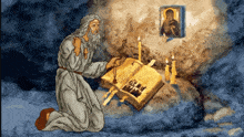 a painting of a man kneeling down reading a book