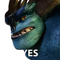 a close up of a monster 's face with the word yes on it