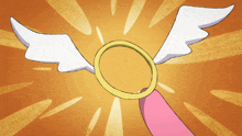 a cartoon drawing of a hand holding a ring with angel wings