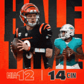 a bengals player is holding a football next to a dolphins player