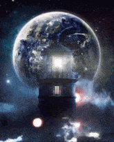 a lighthouse stands in front of a large planet