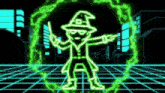 a neon wizard is holding a wand and pointing at the camera .
