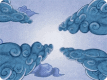 a drawing of blue clouds with swirls on a purple background