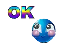 a blue smiley face is next to the word ok in a rainbow colored font