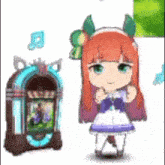 a little girl with red hair is standing next to a jukebox .