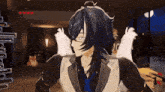 a cartoon character with long black hair and glasses is wearing a suit and tie