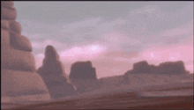 a painting of a desert landscape with rocks and a pink sky
