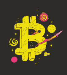 a drawing of a rocket flying through a bitcoin sign