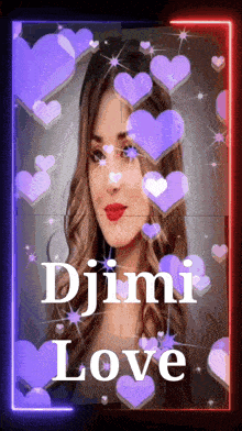 a picture of a woman surrounded by purple hearts with djimi love written on the bottom