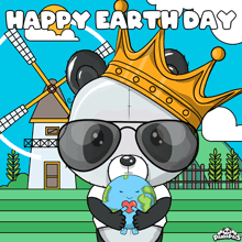 a panda bear wearing a crown and sunglasses is holding a globe