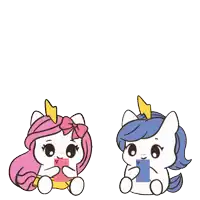 two unicorns are sitting next to each other with speech bubbles that say hi and i love you