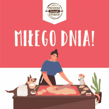 a woman is rolling dough on a table with a dog and a bag of flour
