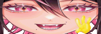 a close up of a cartoon character 's face with pink eyes