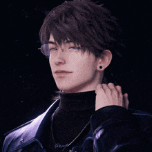 a young man wearing glasses and a turtleneck is adjusting his jacket