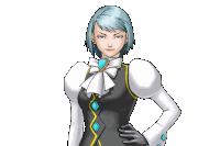 a drawing of a woman with blue hair wearing a vest