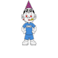 a cartoon character wearing a blue shirt that says omg on it