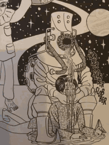 a black and white drawing of a robot licking a woman 's face with the word slob written on it