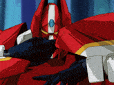 a red robot with a white and blue stripe on it 's face