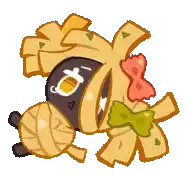a cartoon drawing of a cookie with a bow tie and a bunch of leaves on it .