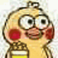 a cartoon chicken with glasses and a mustache is holding a bottle of beer .