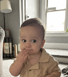 a baby in front of a window with a book titled guan on a shelf