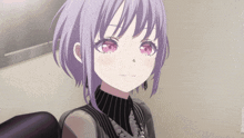 a girl with purple hair and pink eyes is wearing a black sweater