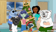 a group of cartoon characters standing around a christmas tree with the hashtag lildoge18