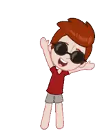 a cartoon boy wearing sunglasses and a red shirt is standing with his arms outstretched