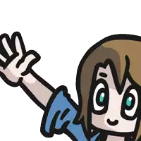 a cartoon girl with brown hair and blue eyes is waving