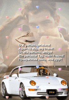 a picture of a man and a woman with a white car that says vica on it