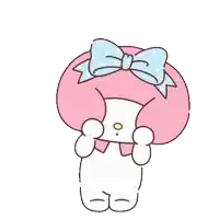 a pink and white cartoon character with a blue bow on her head surrounded by pink flowers .