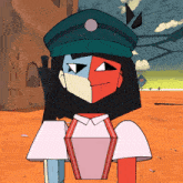 a cartoon character wearing a green hat has a red and white face
