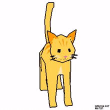 a pixel art drawing of a yellow cat with orange stripes standing on a white background .