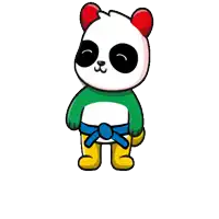 a cartoon panda bear wearing a green shirt and yellow boots with a blue belt around his waist