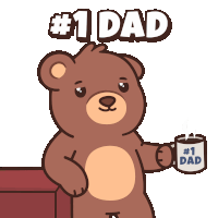 a cartoon of a teddy bear holding a mug that says # 1 dad