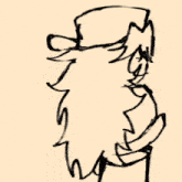 a black and white drawing of a person with long hair and a top hat