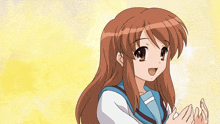 a girl with long brown hair is wearing a white shirt